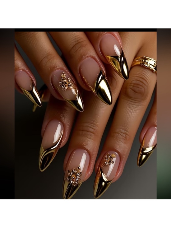 Other - Gold Metallic Stiletto Press-On Nails with Floral Accents -new in box